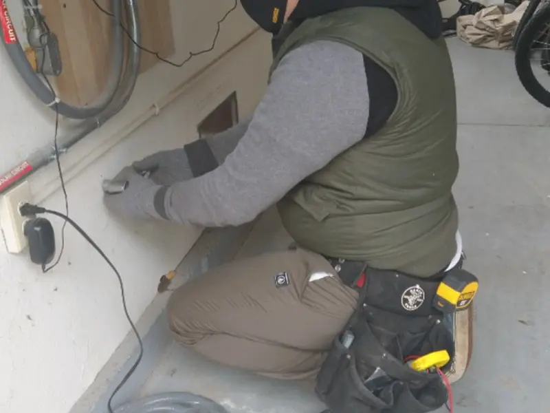 Electrician performing outlet wiring in a Barnstable Town garage